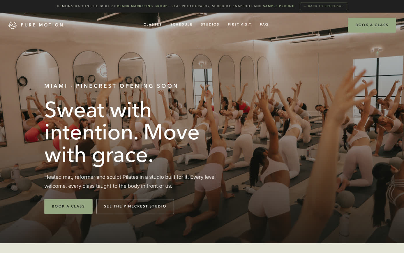The demonstration homepage on a laptop: a full mat class under the headline Sweat with intention, Move with grace, with a Book a class button in the header.