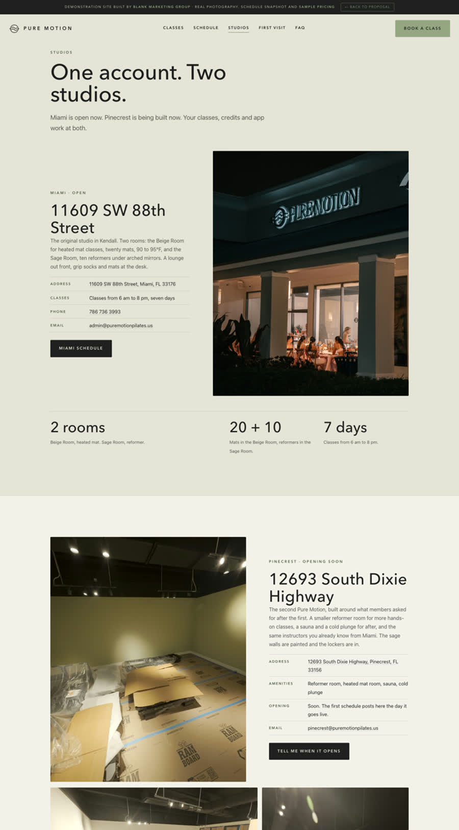 The Studios page of the demo, showing the Miami storefront at night and the Pinecrest room under construction.